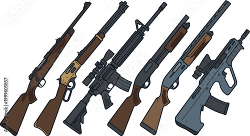 Collection of Modern and Classic Firearms Vector Illustration Featuring Rifles Shotguns Assault Weapons Tactical Guns with Wooden and Metal Details Side View Set