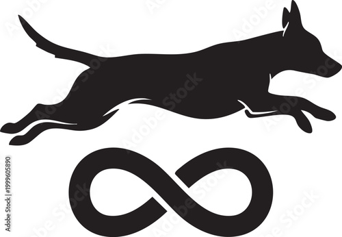 Black silhouette of a dog running with an infinity symbol