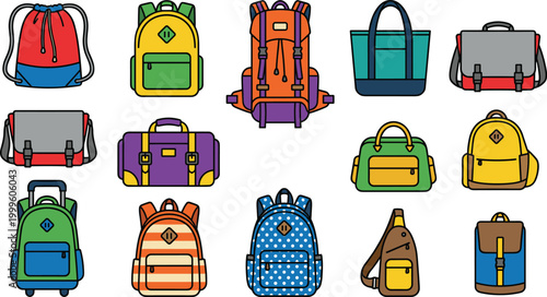 Colorful Backpack and Bag Icon Set Featuring School Bags Travel Luggage Tote Handbags and Casual Carry Packs Flat Vector Collection