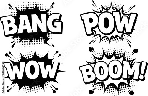 Comic book style speech bubbles with bang pow wow boom text effects