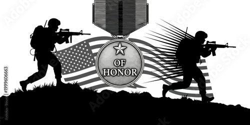 medal of honor with american flag and soldiers silhouettes
