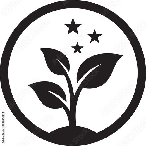 Black plant sprout icon with stars in circle