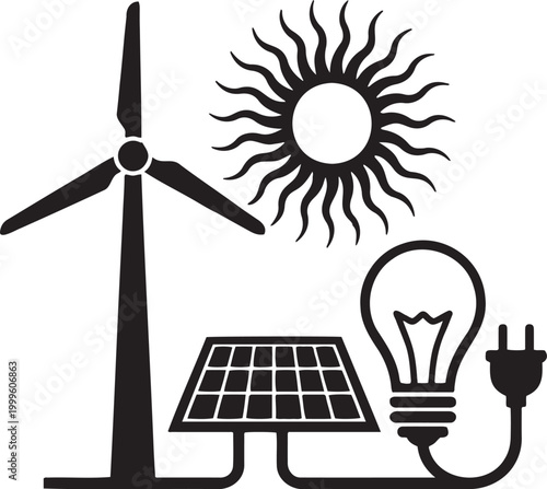 Renewable energy sources icon set with wind turbine, solar panel, light bulb