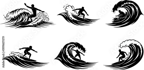Six black silhouette surfing illustrations on white background with waves and surfers  surfing vector graphics