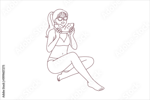 Coloring page of a young woman in a swimsuit and sunglasses eating a watermelon slice on the beach. Line art representing summer holidays, leisure, and refreshing healthy snacks.