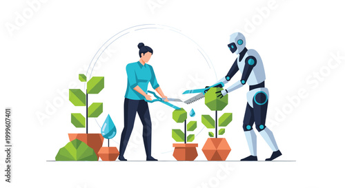 A woman and a white robot use large shears to prune green geometric plants in a collaborative gardening effort in a workspace with bright natural lighting.