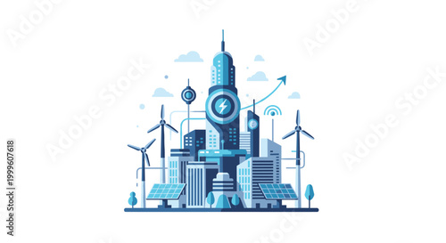 A futuristic blue cityscape showcases advanced skyscrapers integrated with tall wind turbines and solar panels under a clear sky with fluffy white clouds.