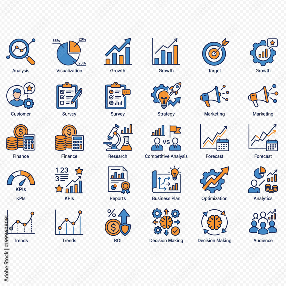 Naklejka premium Collection of business and finance icons in blue and orange colors, including graphs, charts, targets, and other symbols related to statistics, marketing, and growth.