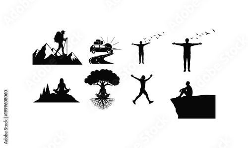 Silhouette icons of human activities and nature symbols
