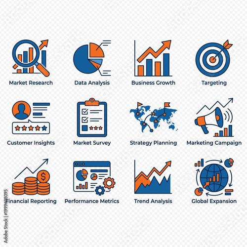 Business strategy and marketing icons set including market research, data analysis, targeting, and financial planning