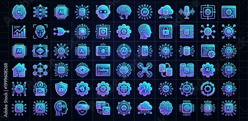 Artificial intelligence and futuristic technology icon set in neon style