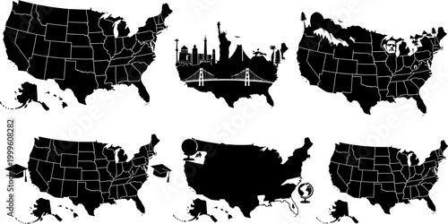 Six black silhouettes of the United States map with various icons and landmarks  education and travel
