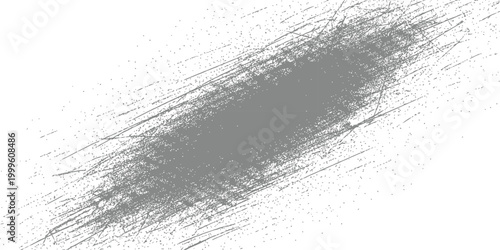 Abstract grunge scratch texture overlay with central dark concentration of fine debris and directional motion blur effect on white background