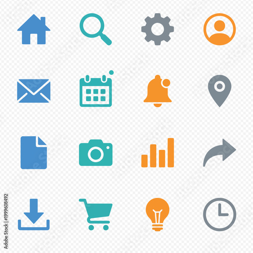 Collection of modern web and app interface icons for design and development projects, including symbols for navigation, communication, and e-commerce.
