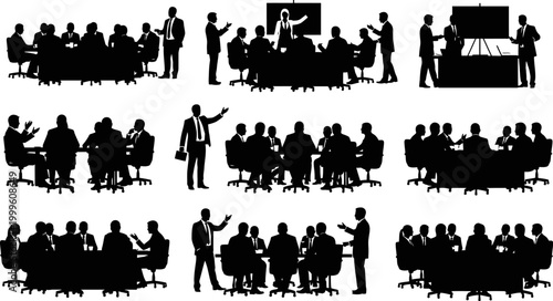 collection of business people in various meeting and presentation settings in silhouette