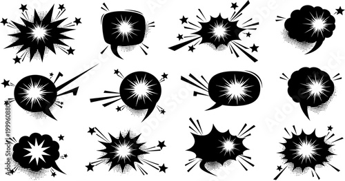 Collection of comic book style explosion and speech bubbles with star effects on white background