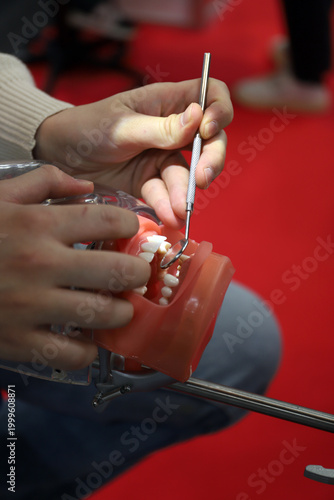 manos de dentista practicando tratamiento dental en simulador dental