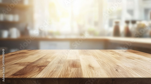 Wooden tabletop surface provides a foreground focus with a blurred kitchen background offe a bright, clean, and modern space for various product displays.