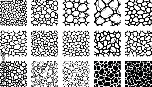 Collection of fifteen diverse seamless stone and pebble patterns for creative vector graphic design projects and professional background surface textures