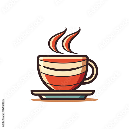 Colorful steaming coffee cup with swirl design on saucer