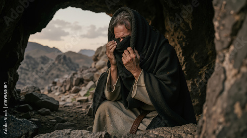 Biblical prophet Elijah hiding his face in a dark cloak at a cave entrance. Ancient man listening to a gentle whisper in the mountains. Religious historical concept