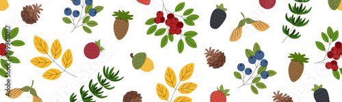 Forest autumn horizontal seamless border with berries, leaves, acorns, and pine cones. Decorative ribbon pattern for harvest festivals, Thanksgiving, and seasonal designs.