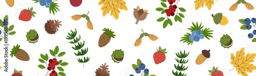 Forest horizontal seamless border with forest plants, berries, fruits and autumn leaves. Autumn decorative pattern for harvest festivals, Thanksgiving, and seasonal design.
