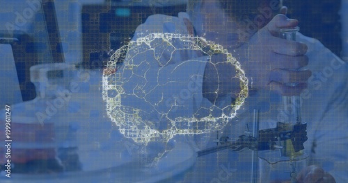 Displaying glowing brain-shaped graphic at bench, scientist in white lab coat operating pipette