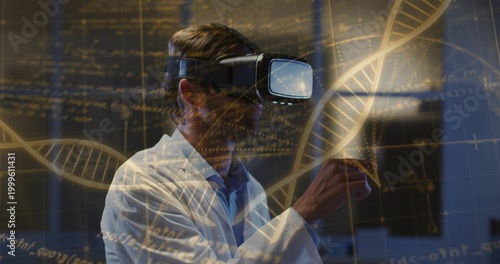Pointing scientist wearing white lab coat gesturing at holographic DNA in lab, with VR headset