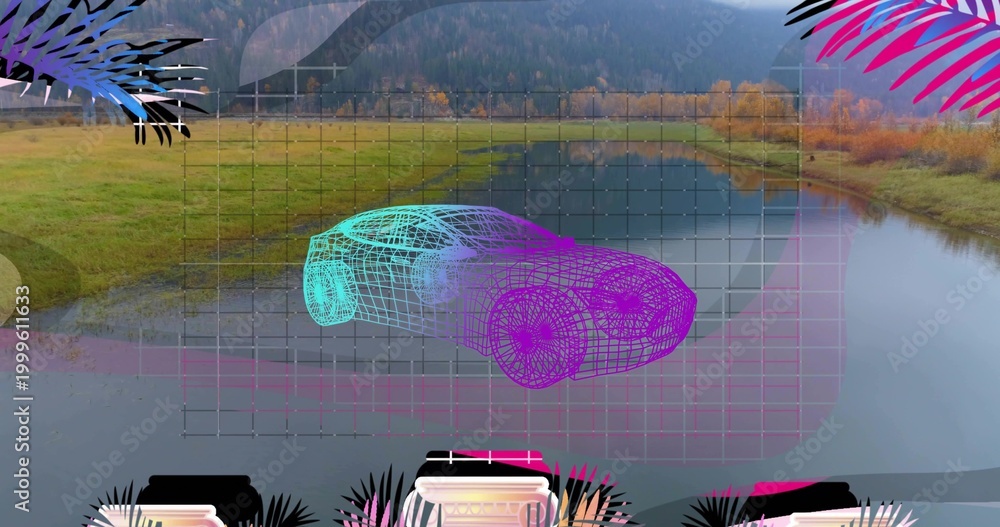 Fototapeta premium Hovering neon wireframe 3D car floating above pond in riverside meadow, with grid and UI panels