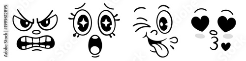 Six cartoon face expressions featuring rage, star eyes, love, and playful moods on transparent background. Perfect for bold sticker packs and chat apps.