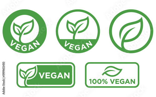 Vegan Logos and Labels with Green Leaf Icons on White Background For Food and Product Branding