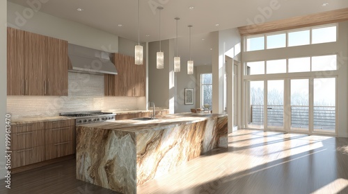 Modern kitchen interior features a large stone island and wooden cabinets bathed in natural sunlight.