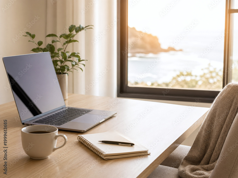 Fototapeta premium Laptop workspace by window with ocean view and warm natural sunlight