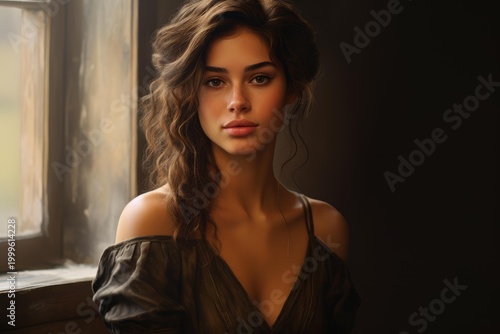 Portrait of a young brunette woman with wavy hair and off shoulder top, standing indoors