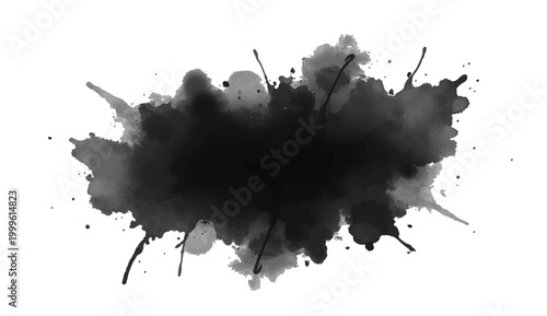 An artistic dark ink splatter showcases a blend of grayscale tones.