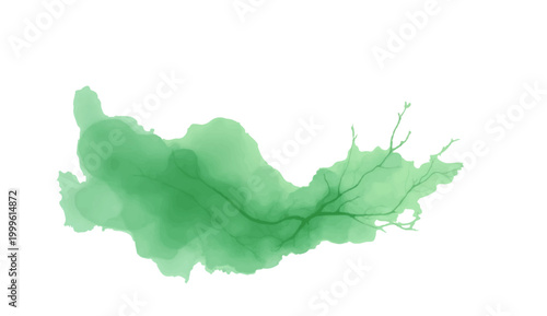 Abstract watercolor painting in shades of green depicts an imaginative and artistic representation of nature and growth. Evoking a sense of calm and evoking feelings of growth, freedom.