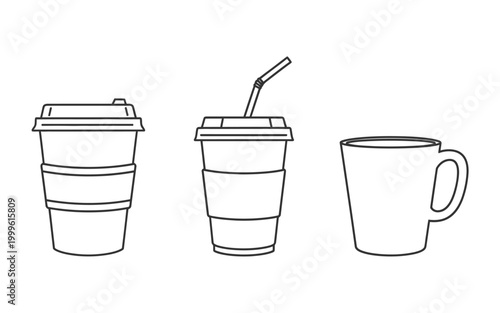Coffee cup icons set, disposable and ceramic mugs with lids and straw, line art