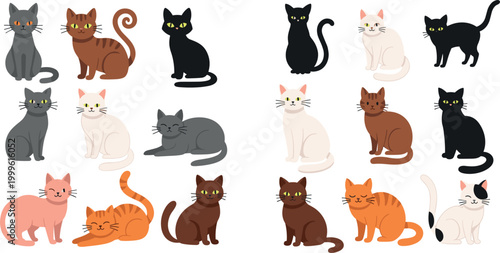 Fotografie Adorable Cartoon Cat Icon Set with Different Breeds and Color Variations for Pet