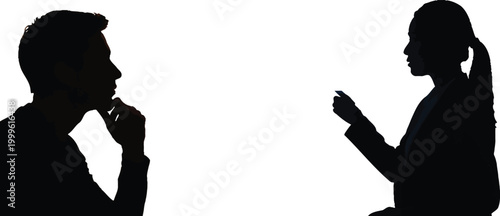 Businessman and businesswoman silhouettes face each other to engage in a formal professional conversation about office strategy.