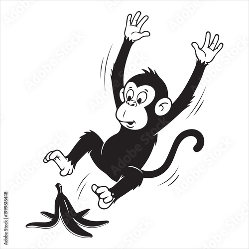 cartoon monkey slipping banana peel playful black silhouette