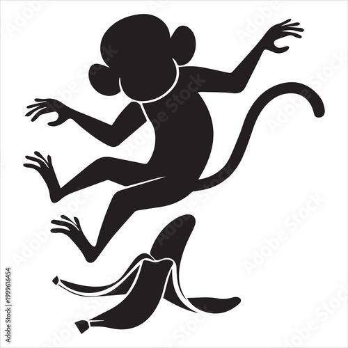 cartoon monkey slipping banana peel playful black silhouette