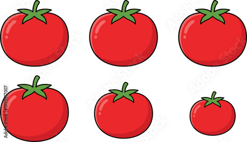 Tomato Icon Set with Fresh Red Tomatoes in Different Sizes for Healthy Food, Organic Vegetables, and Farm Produce Design