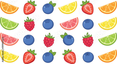 Fruit Pattern Illustration with Citrus Slices, Strawberries, Blueberries, and Raspberries for Fresh Food Background, Summer Design, and Healthy Nutrition