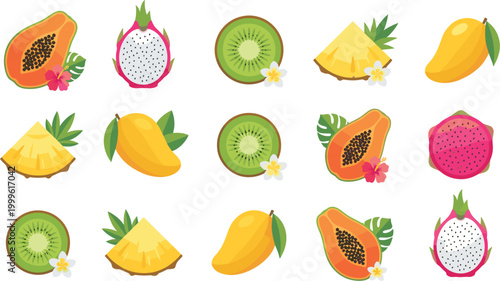 Tropical Fruit Pattern Illustration with Papaya, Dragon Fruit, Kiwi, Pineapple, and Mango for Fresh Food Background, Summer Design, and Exotic Nutrition