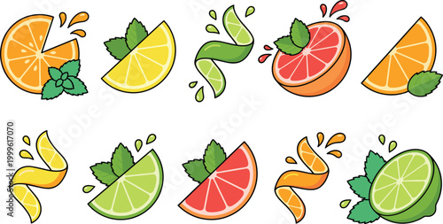Citrus Fruit Slice Illustration Set with Orange, Lemon, Lime, and Grapefruit Splash Elements for Fresh Juice, Summer Drinks, and Food Design