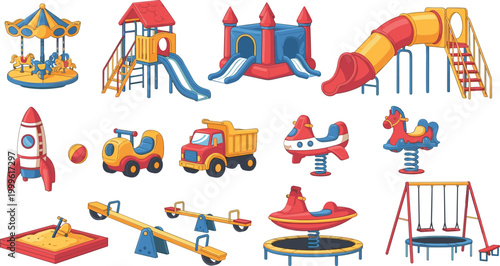 Colorful Playground Set Featuring Carousel, Swings, Slides, Trampolines, Cars, and Rocket Play Structures for Kids' Outdoor Fun