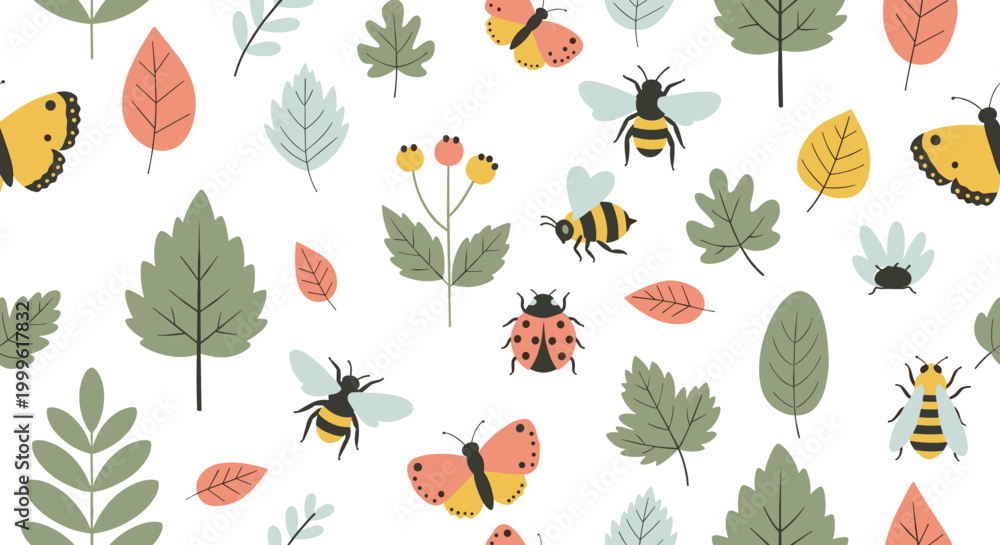 Fototapeta premium Garden insects with plants and flowers, seamless pattern, repeating pattern, surface design, textile print, soft color palette, modern illustration, no