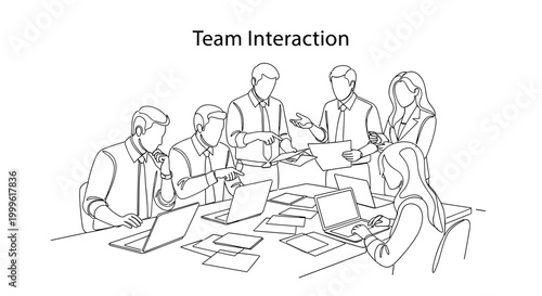 "Team Interaction". Minimalistic one-line drawing people discussing over shared desk with laptops and documents, continuous single black line on