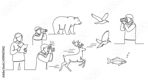 "Wildlife Protection Initiative". Minimalistic one-line drawing people observing and documenting diverse species with subtle motion lines, continuous single